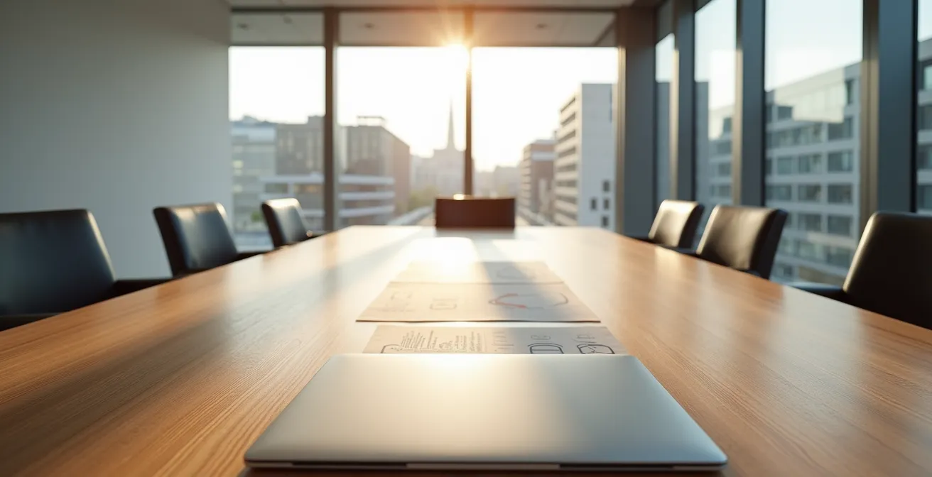 Weitwinkelaufnahme eines modernen Bankberatungsraums mit Holztisch und Unterlagen