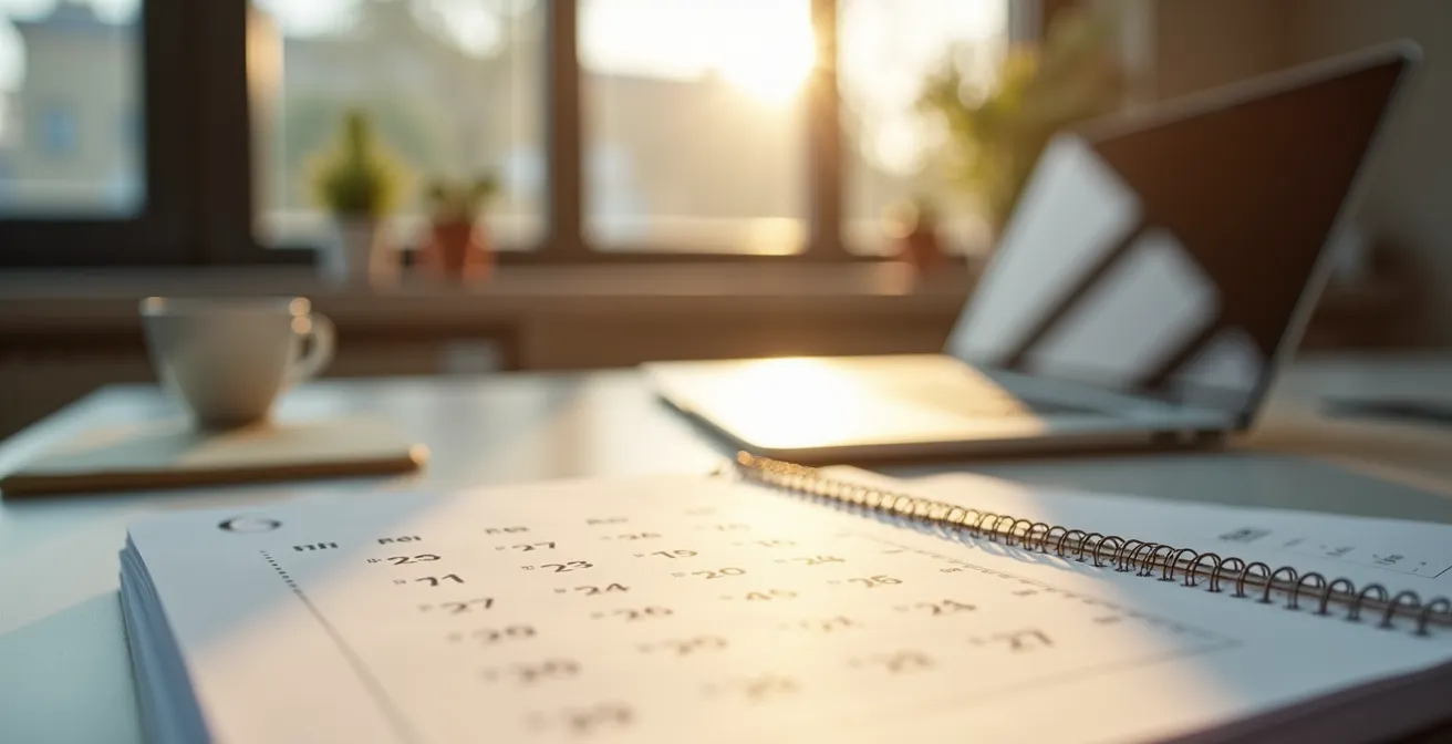 Ein minimalistischer Kalender auf einem Schreibtisch, der die Planung von ETF-Kaufzeitpunkten symbolisiert.