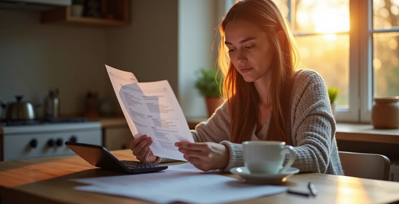 Eine junge Person plant ihre Finanzen bei knappem Budget in einer nachdenklichen, aber hoffnungsvollen Atmosphäre.