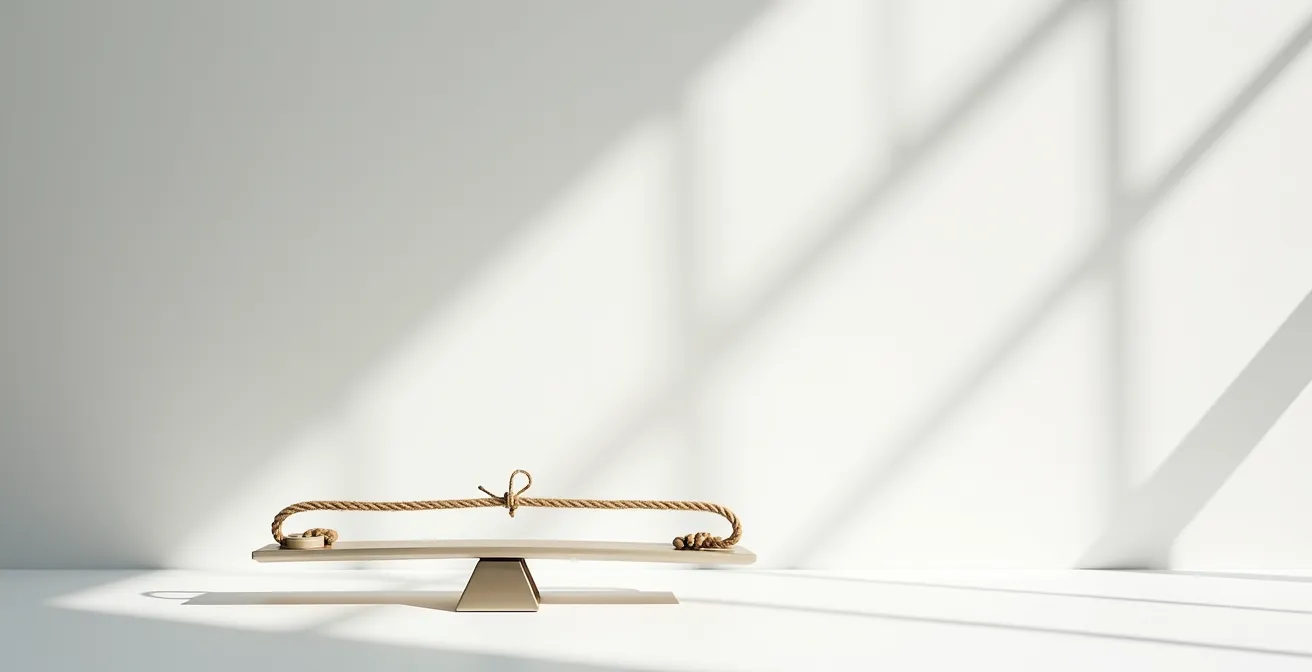 Minimalistische Komposition mit Waage im Gleichgewicht zwischen kurzem und langem Seil, die Duration und Sicherheit symbolisiert